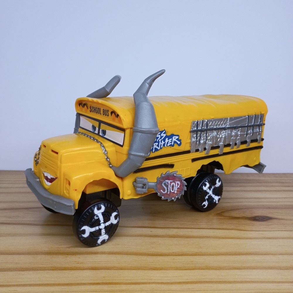 PIXAR CARS 3 CRUNCH & CRASH 8' TALKING MISS FRITTER SCHOOL BUS MATTEL - Works